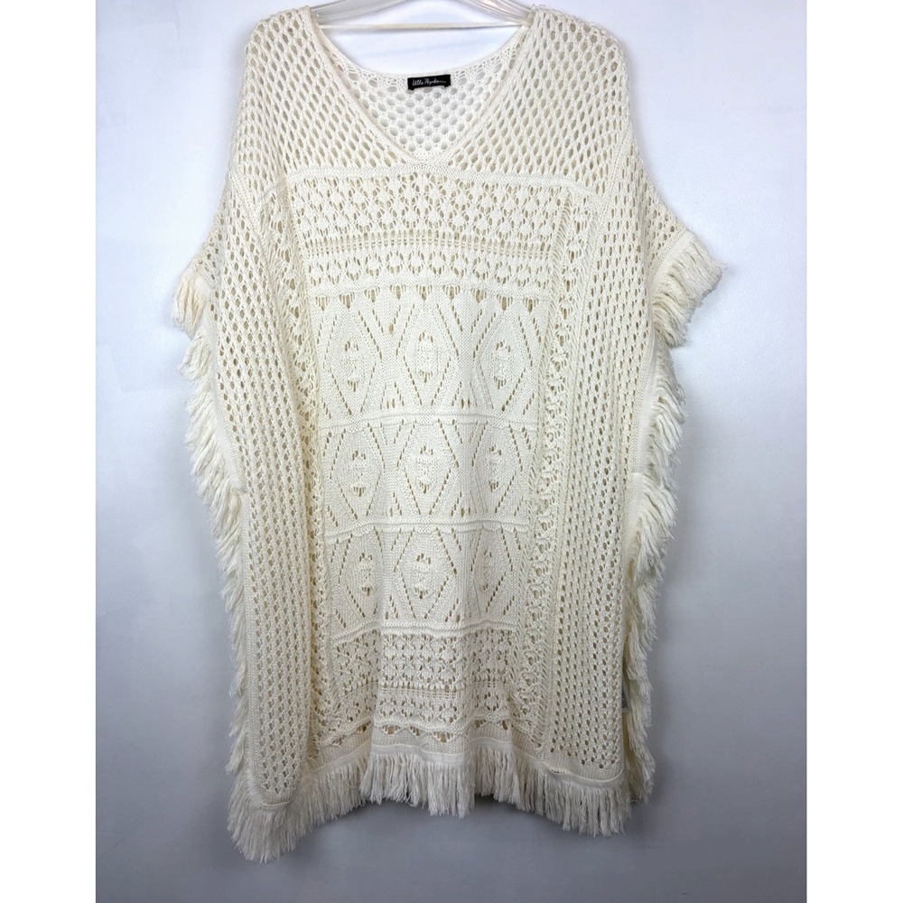 Boho Sweater Women 2X Ivory Tunic Plus Open Knit Fringe Cottage Core Boho Poncho